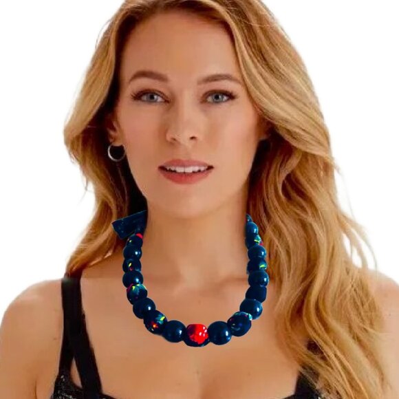 Boho Black Wooden Necklace Floral Fabric Covered Eco Friendly Handcrafted - Picture 1 of 4